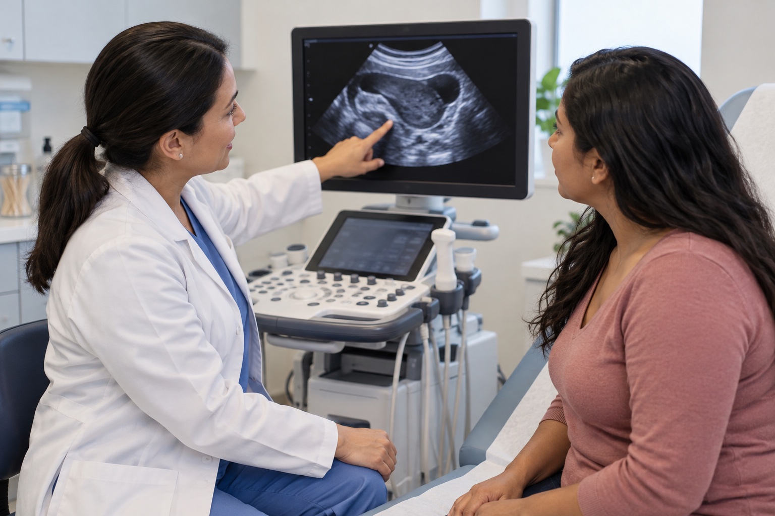 Ginecóloga explica una imagen de ultrasonido a una paciente durante la evaluación del dolor pélvico