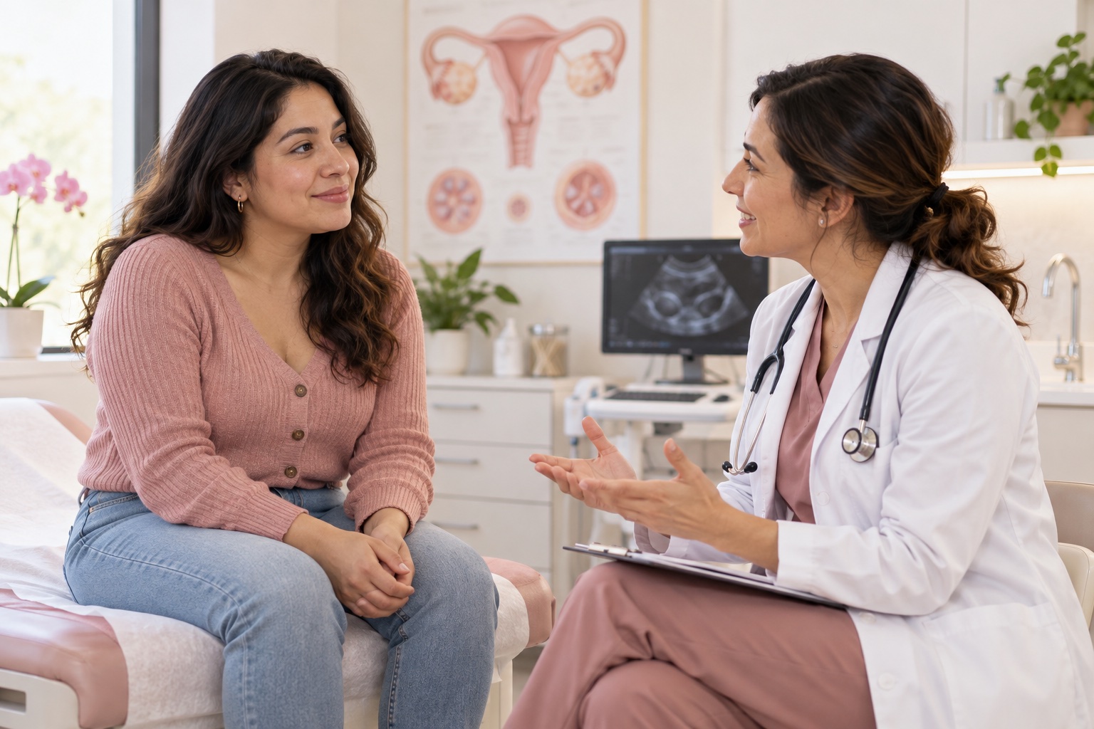 Paciente consulta con su ginecóloga sobre salud hormonal y síndrome ovárico polieendocrino metabólico